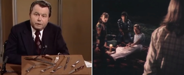 Eduard Zimmermann mit den Tatwerkzeugen (l.) des unheimlichen Filmfalls "Akazienweg" (r.)